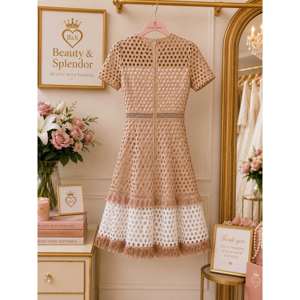 Ever After Crochet Eyelet Fringe Dress in Tan Size Small - Picture 4 of 6
